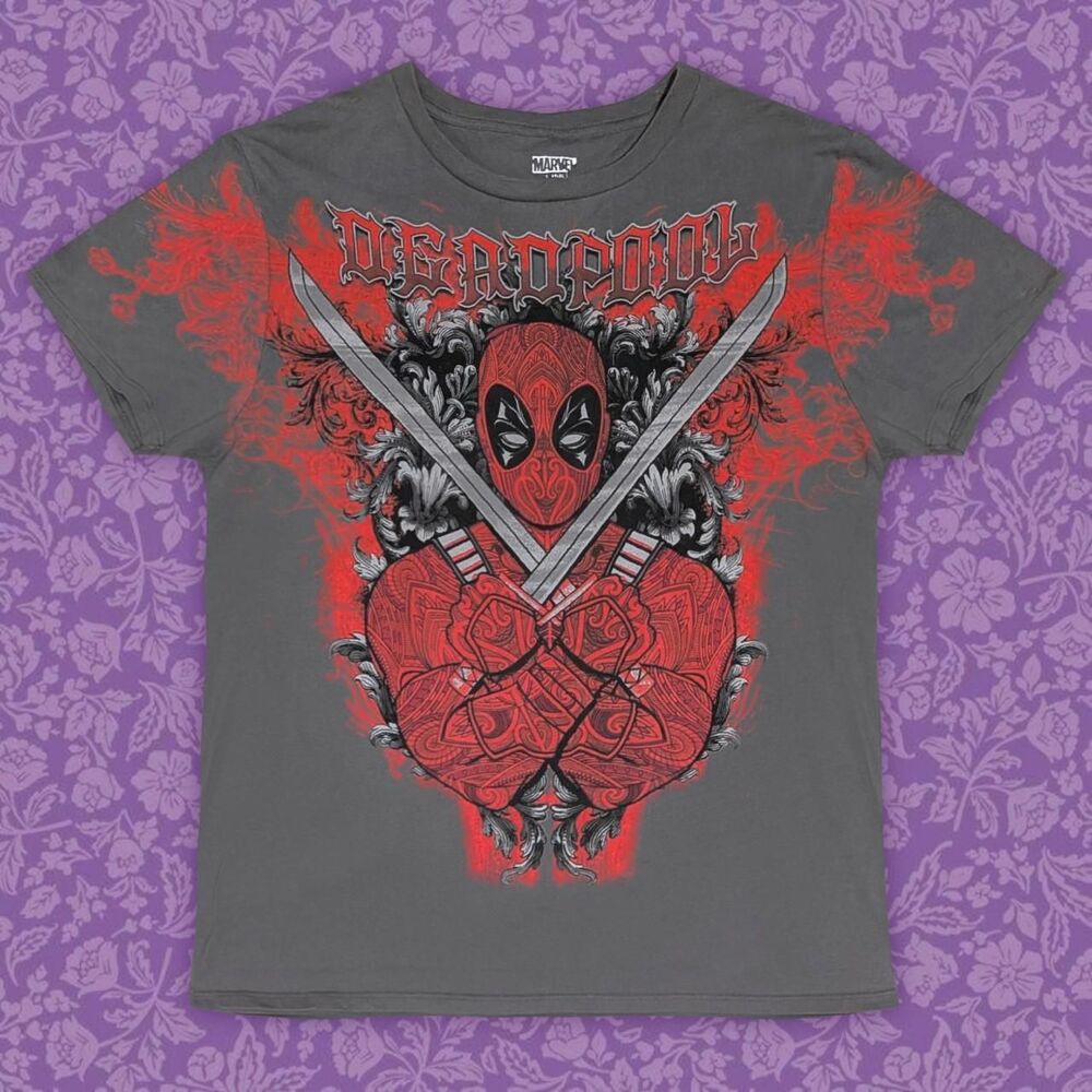 Marvel Deadpool Grey Grunge 2000s Skater Style Graphic Tee | Size L